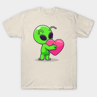 Cute Alien Hug Love Heart Cartoon T-Shirt